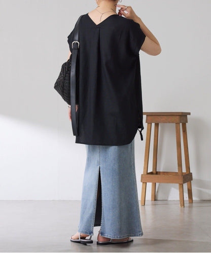 清爽麻混 抽繩設計 休閒 blouse 上衣