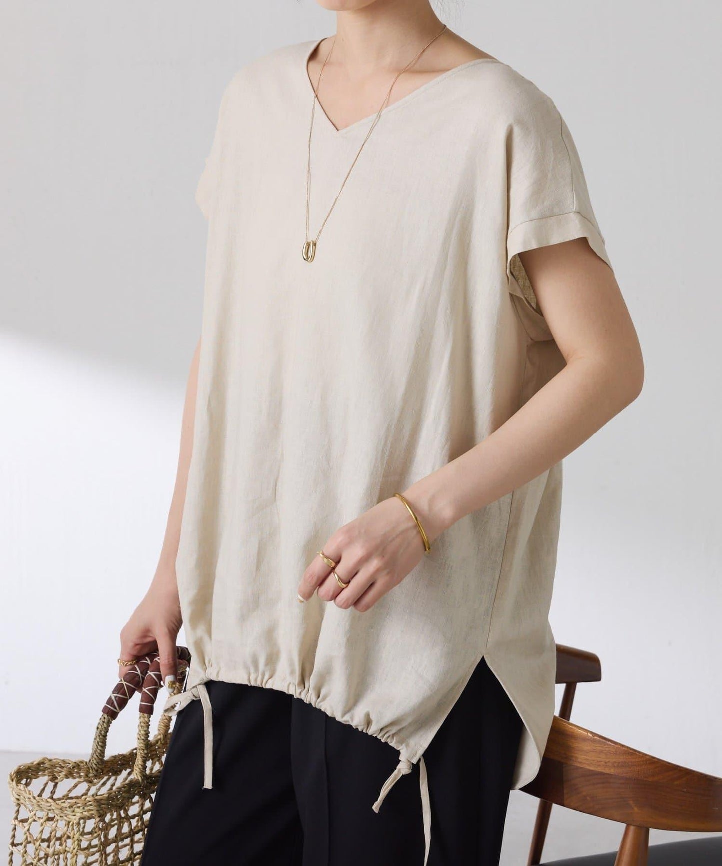 清爽麻混 抽繩設計 休閒 blouse 上衣
