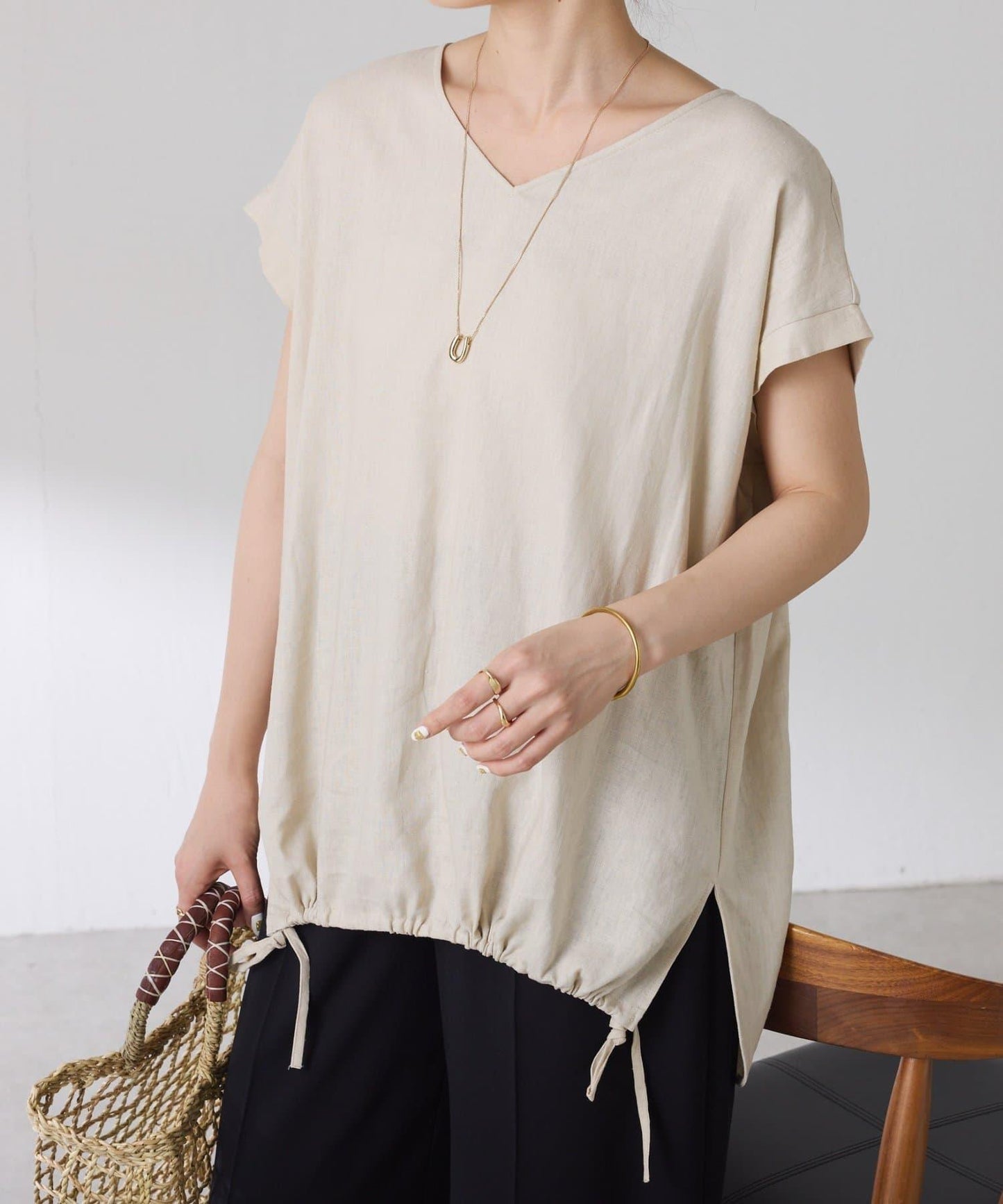 清爽麻混 抽繩設計 休閒 blouse 上衣