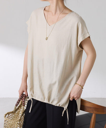 清爽麻混 抽繩設計 休閒 blouse 上衣