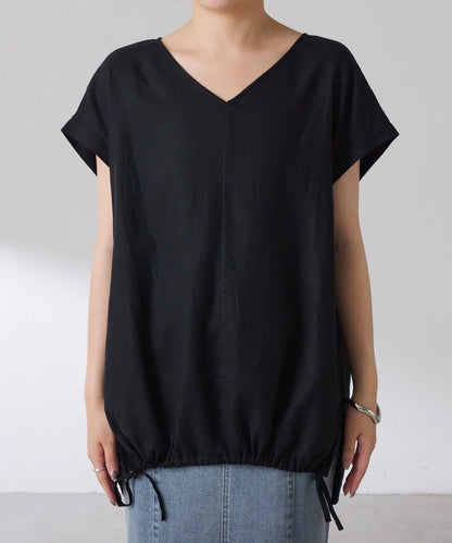 清爽麻混 抽繩設計 休閒 blouse 上衣