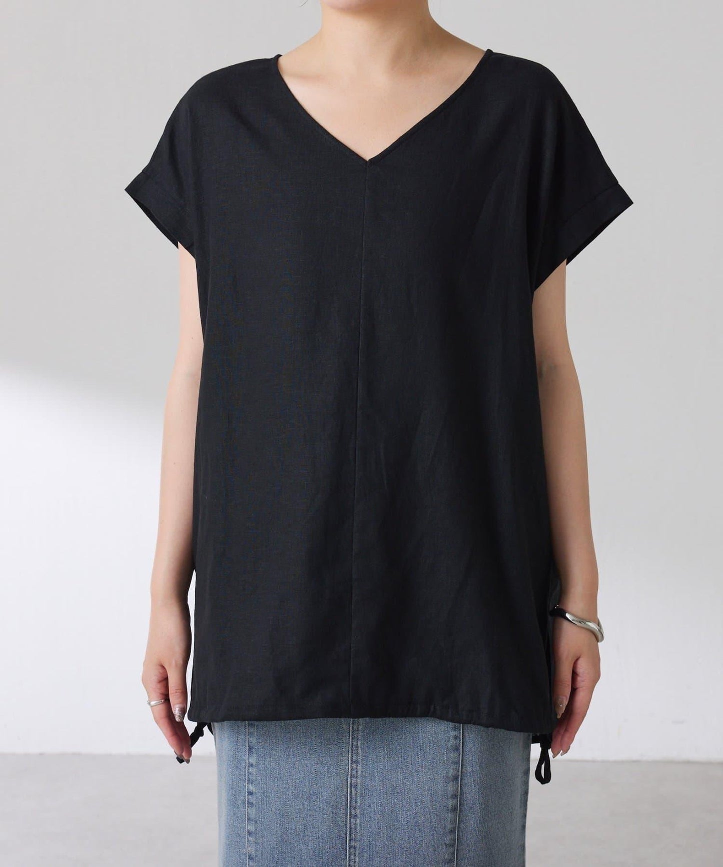 清爽麻混 抽繩設計 休閒 blouse 上衣