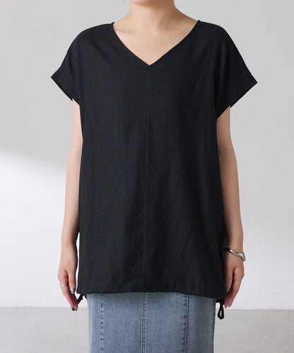 清爽麻混 抽繩設計 休閒 blouse 上衣