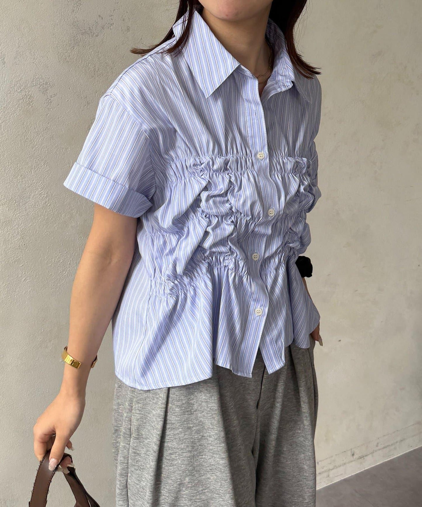 抽褶 半袖 拼色 短款襯衫