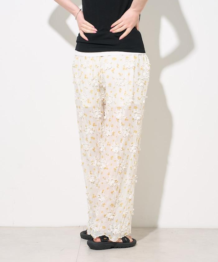 薄透花卉設計 sheer flower easy pants 褲子