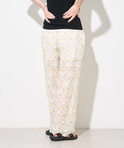 薄透花卉設計 sheer flower easy pants 褲子