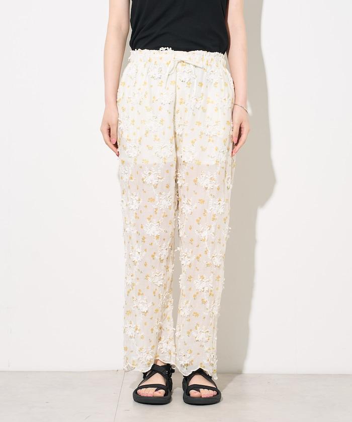 薄透花卉設計 sheer flower easy pants 褲子