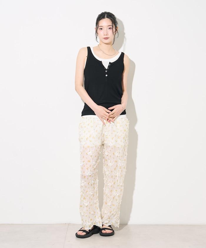 薄透花卉設計 sheer flower easy pants 褲子
