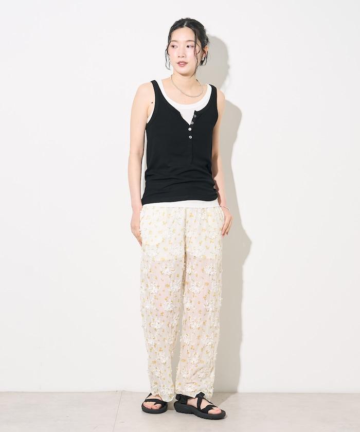 薄透花卉設計 sheer flower easy pants 褲子