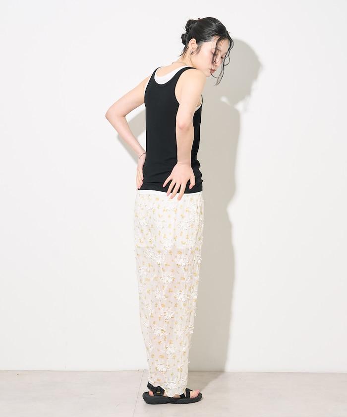 薄透花卉設計 sheer flower easy pants 褲子