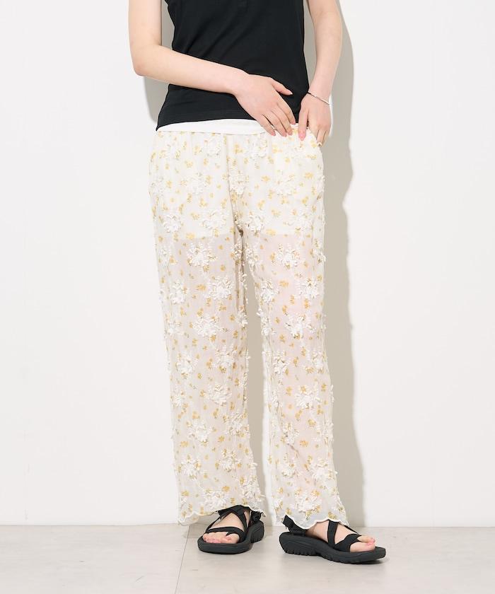 薄透花卉設計 sheer flower easy pants 褲子