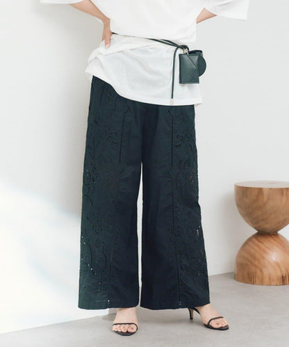 全棉 含裡襯 全鬆緊腰 鏤空刺繡 闊腿褲