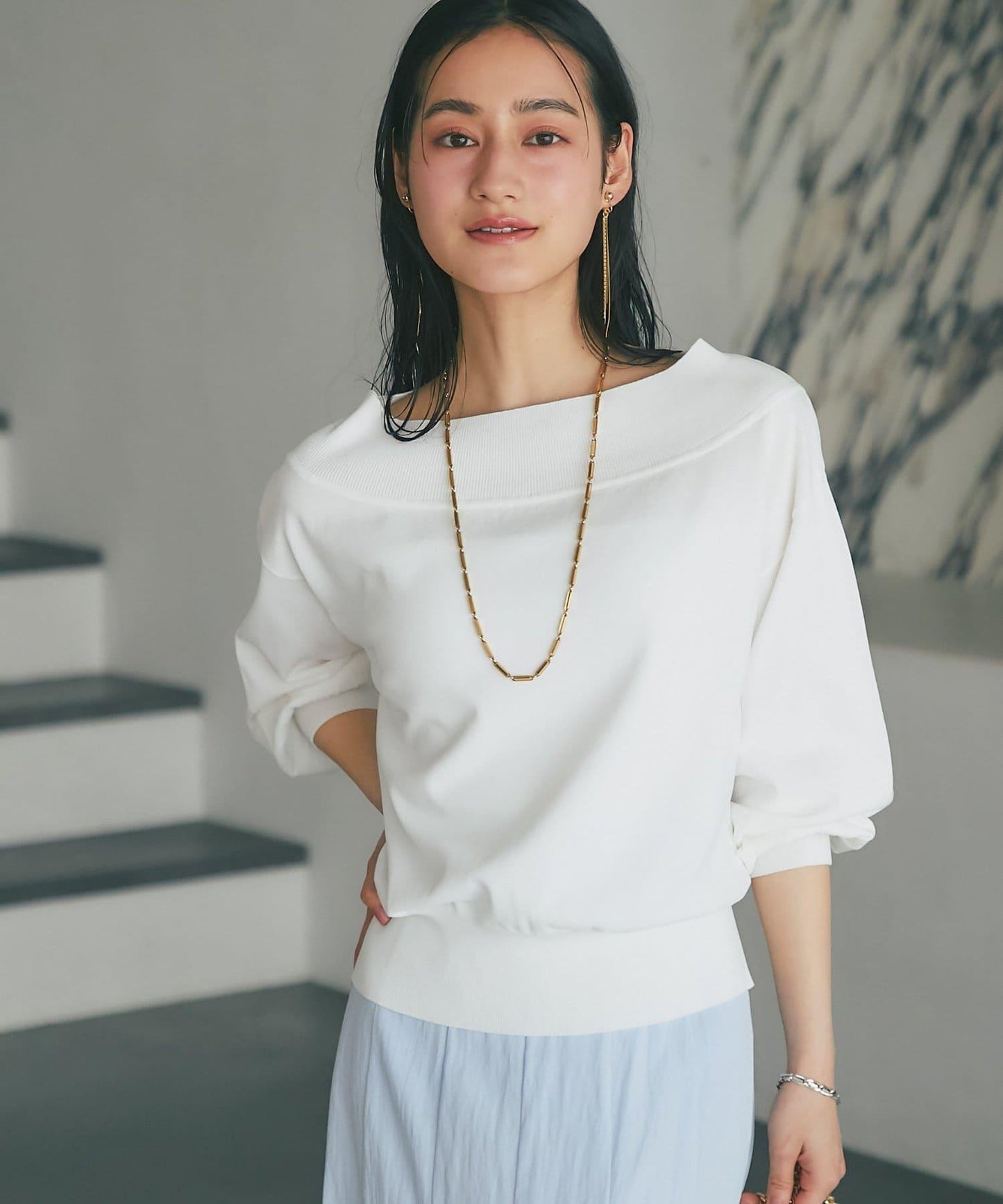 清涼觸感防紫外線 一字肩設計 針織上衣