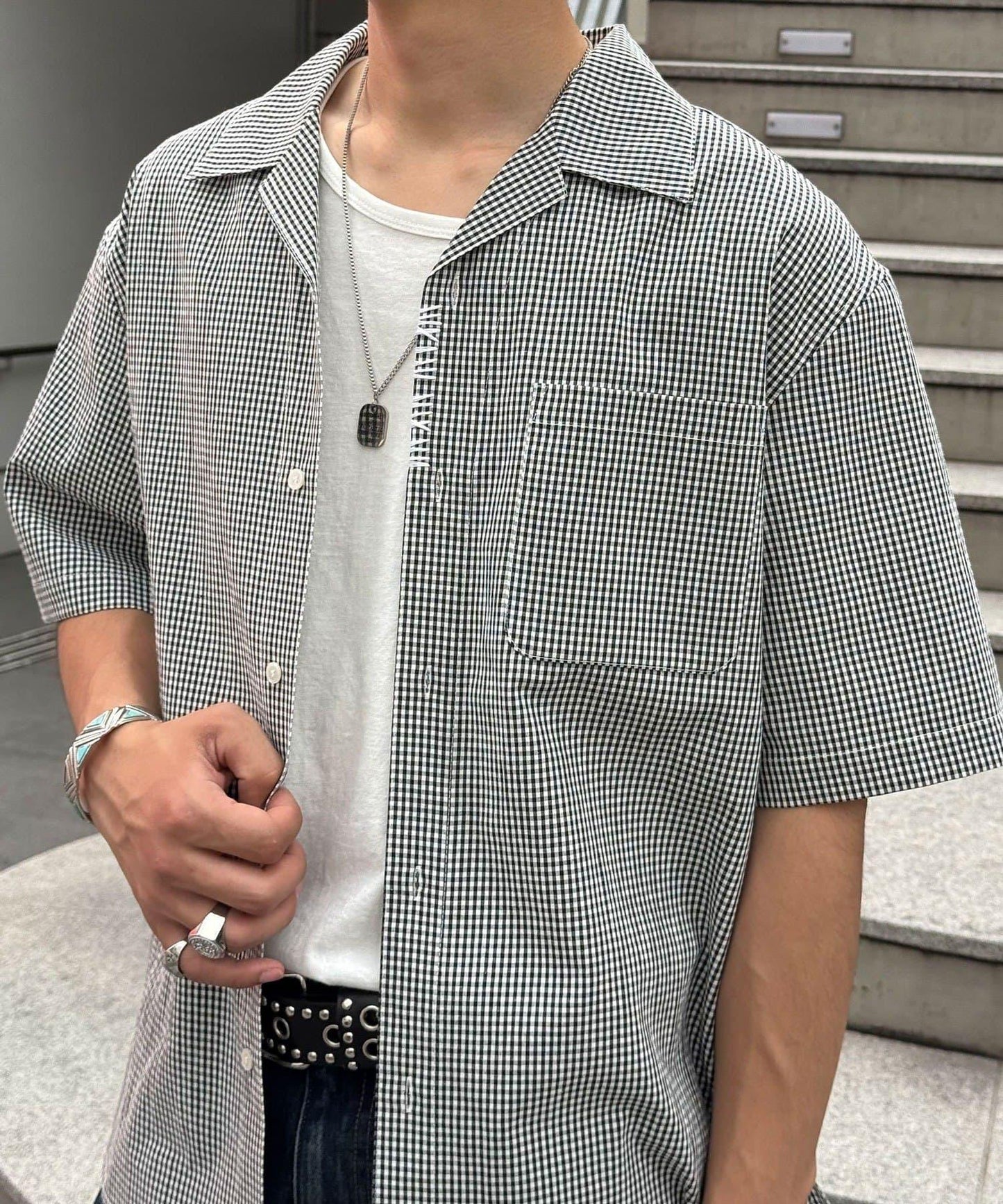 手工縫線格紋設計襯衫