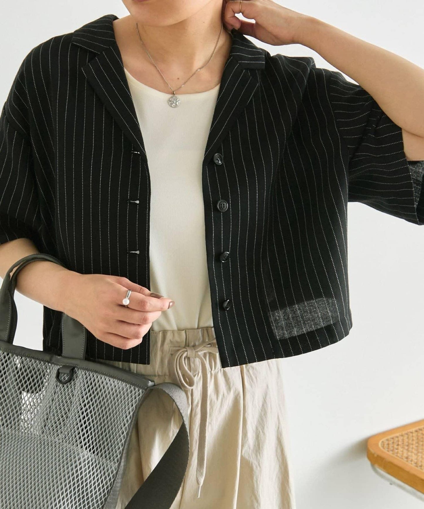 《涼しく著れる/體型カバー》 麻質感條紋襯衫夾克