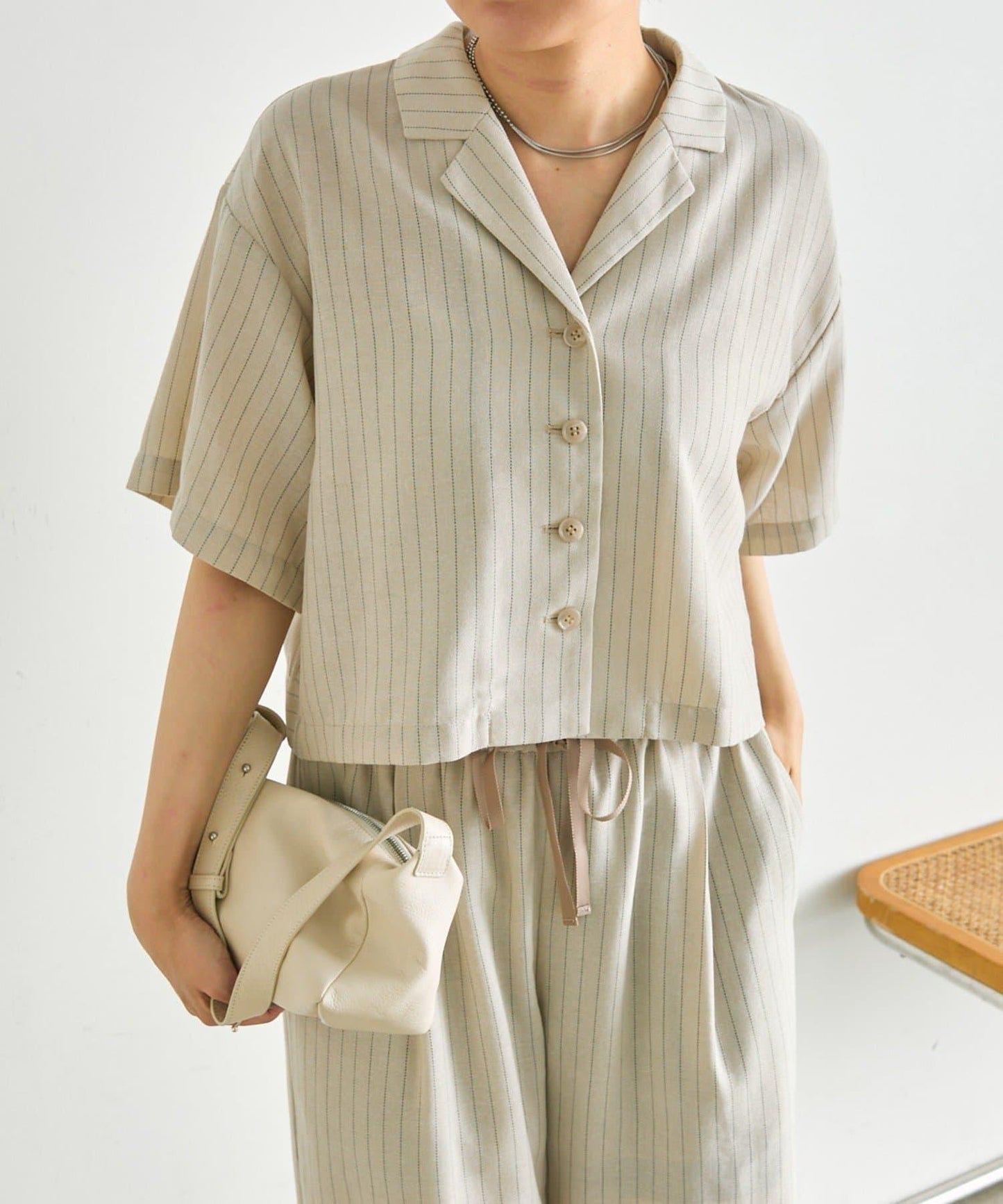《涼しく著れる/體型カバー》 麻質感條紋襯衫夾克