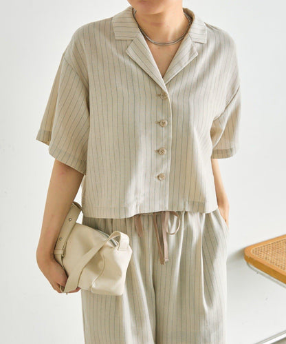 《涼しく著れる/體型カバー》 麻質感條紋襯衫夾克