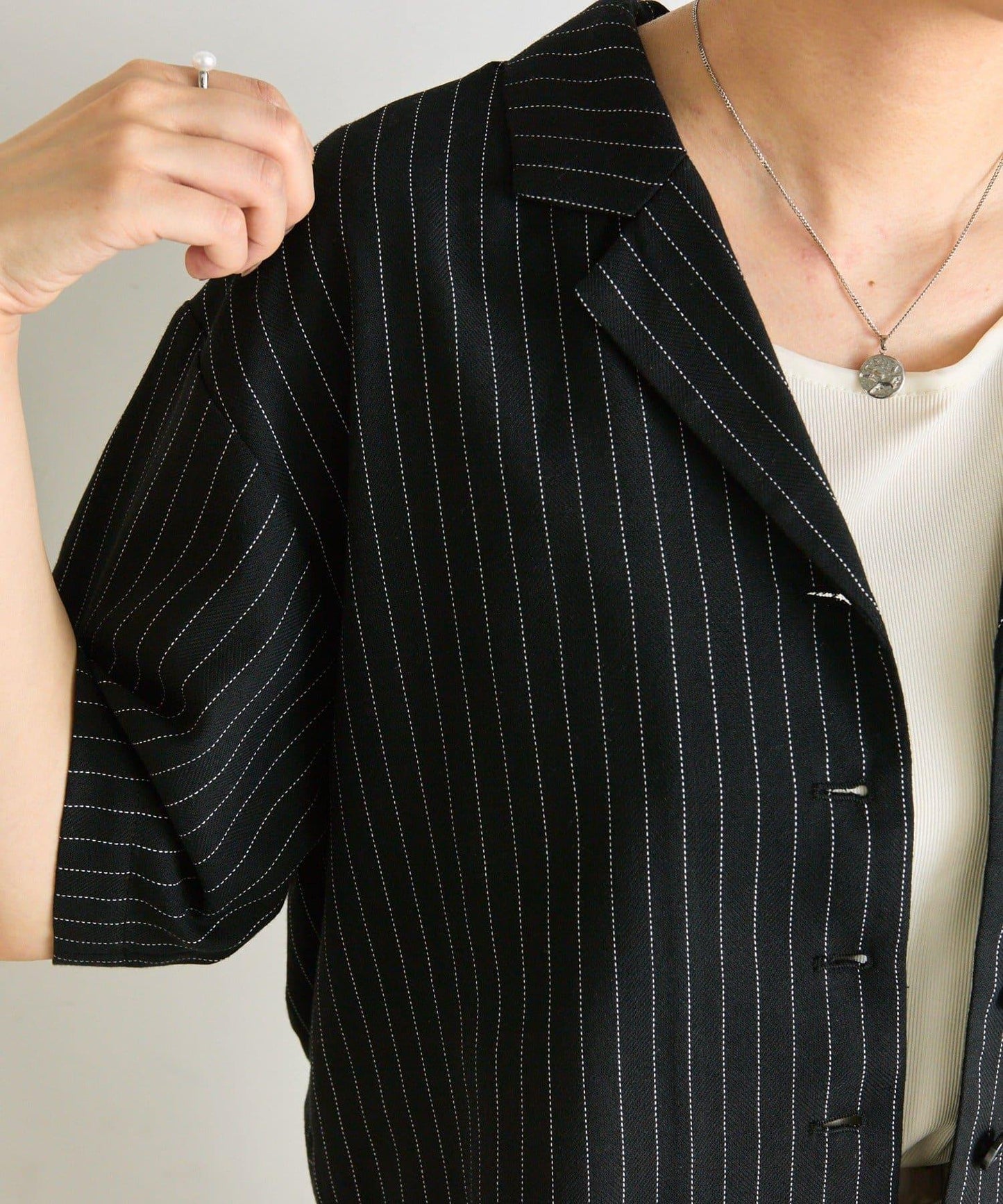 《涼しく著れる/體型カバー》 麻質感條紋襯衫夾克