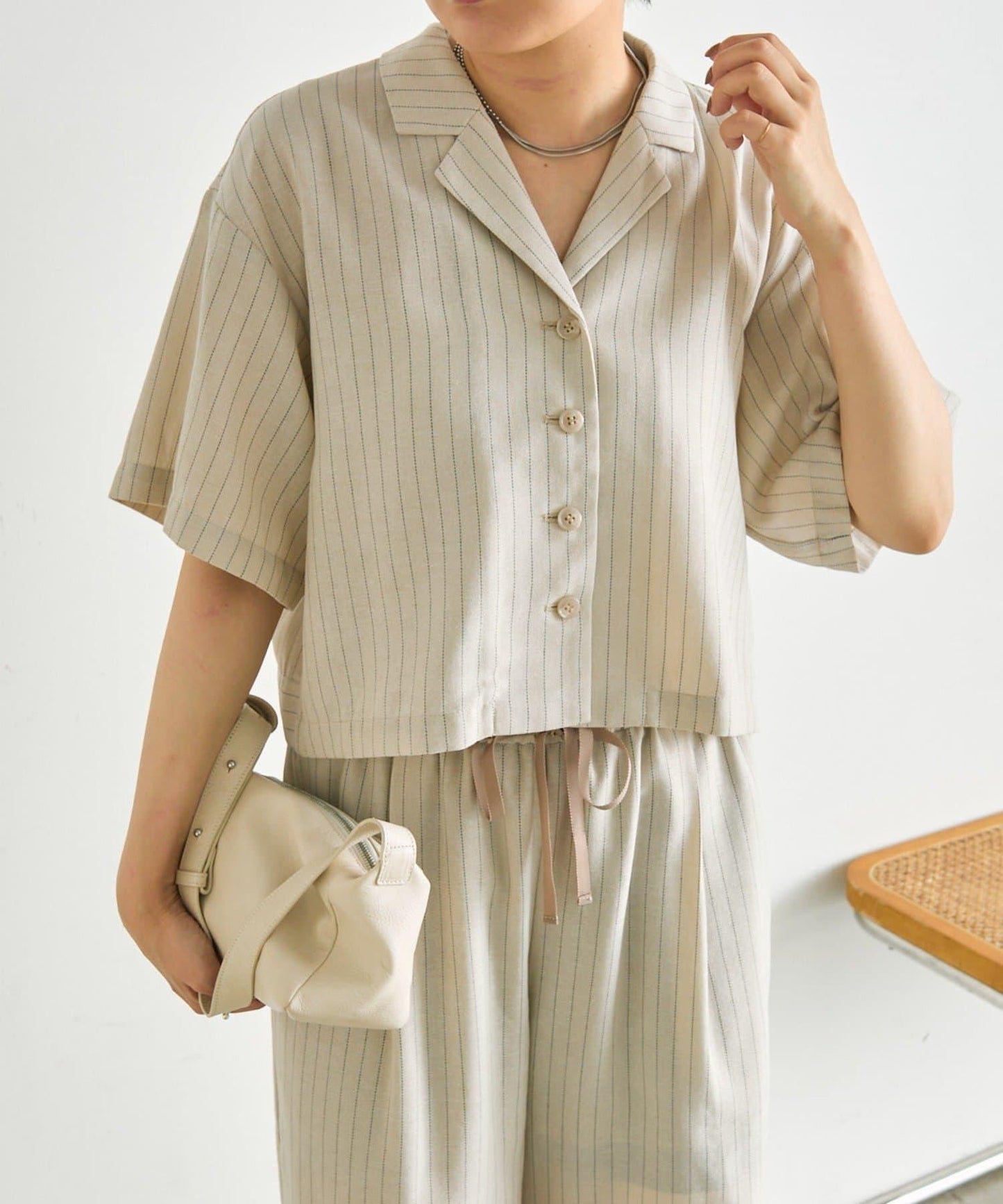 《涼しく著れる/體型カバー》 麻質感條紋襯衫夾克