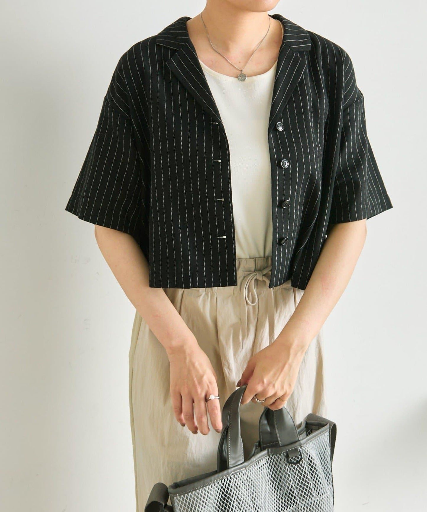 《涼しく著れる/體型カバー》 麻質感條紋襯衫夾克