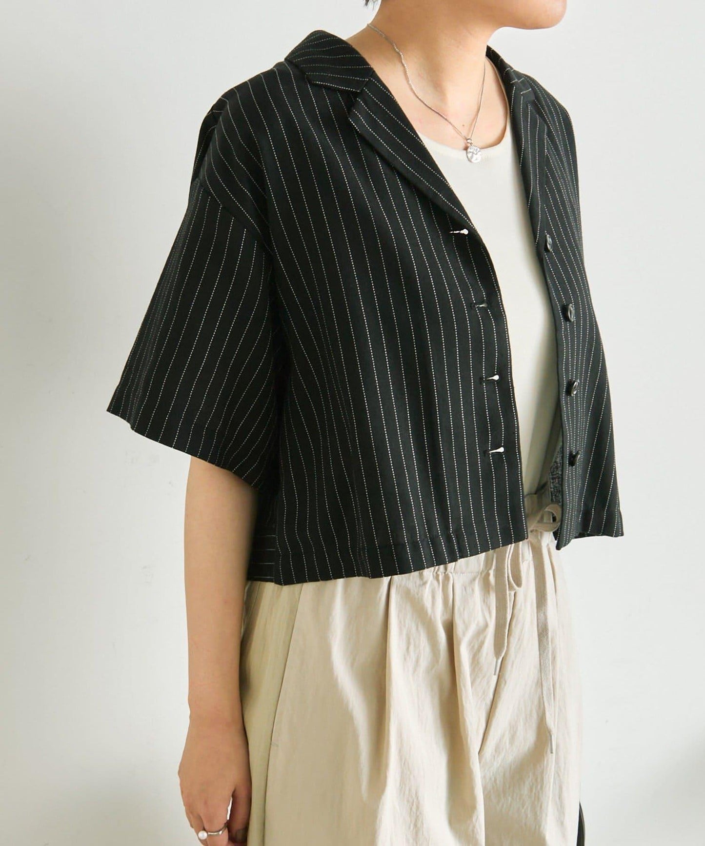 《涼しく著れる/體型カバー》 麻質感條紋襯衫夾克