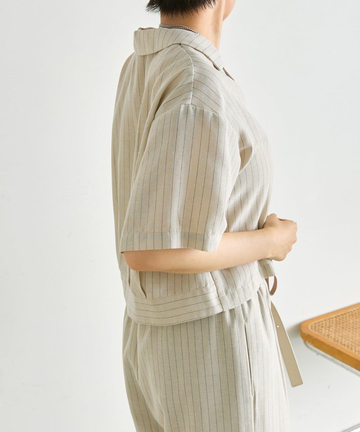 《涼しく著れる/體型カバー》 麻質感條紋襯衫夾克