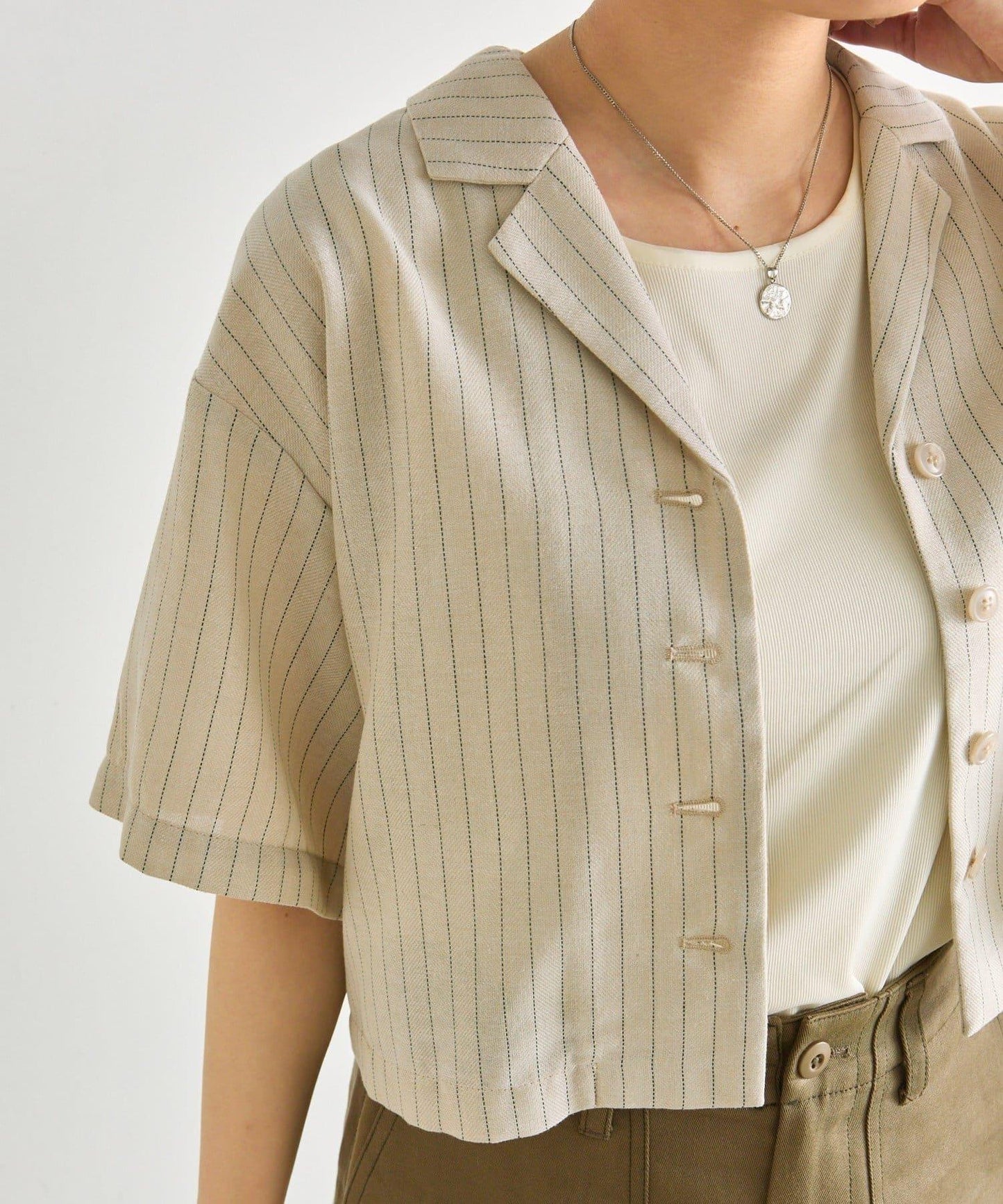 《涼しく著れる/體型カバー》 麻質感條紋襯衫夾克