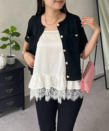 下襬蕾絲荷葉邊 緞面 吊帶上衣