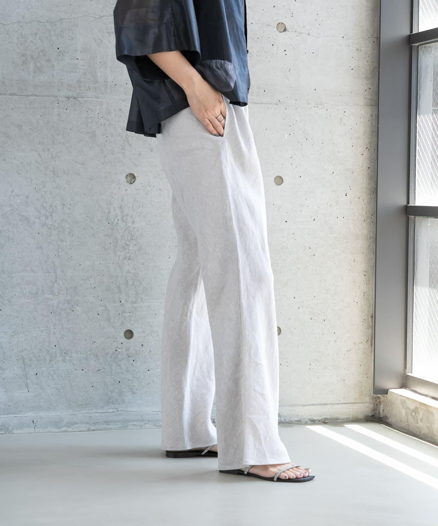 亞麻斜裁褲子