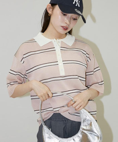 透膚條紋短袖Polo領 夏季針織 針織POLO衫