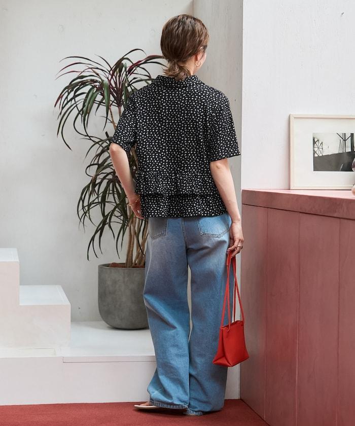 小花圖案 華夫格 荷葉邊 短袖 POLO套頭上衣