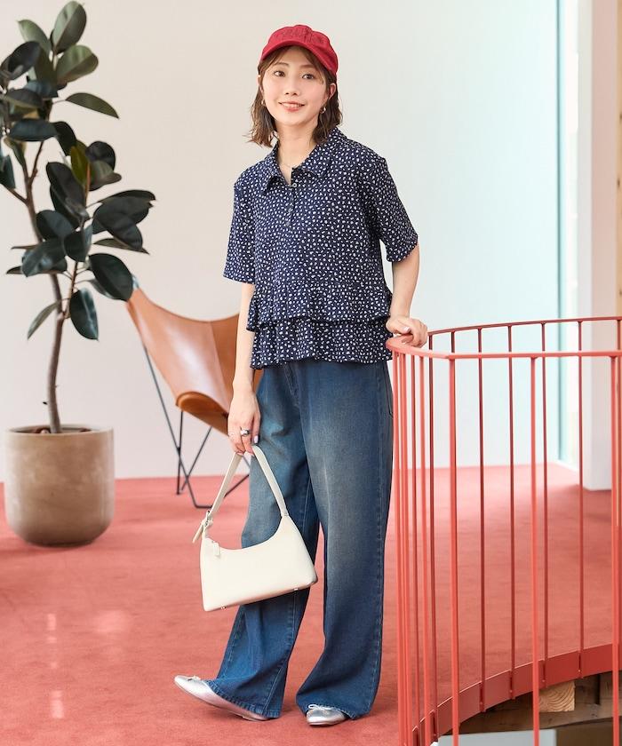 小花圖案 華夫格 荷葉邊 短袖 POLO套頭上衣