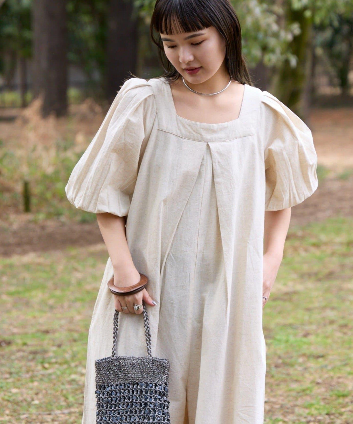 Aguni 綿麻裾刺繡揹帶褲