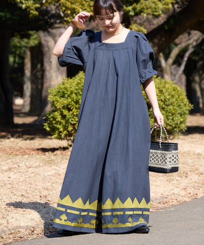 Aguni 綿麻裾刺繡揹帶褲