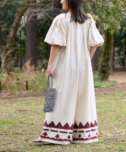 Aguni 綿麻裾刺繡揹帶褲