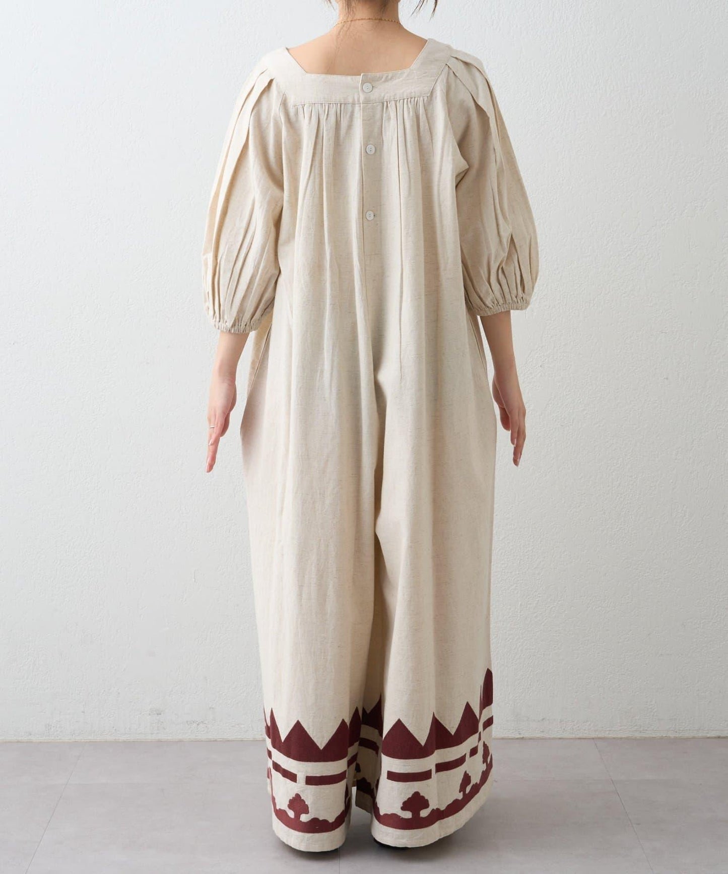 Aguni 綿麻裾刺繡揹帶褲