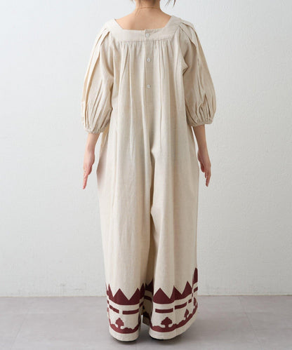 Aguni 綿麻裾刺繡揹帶褲