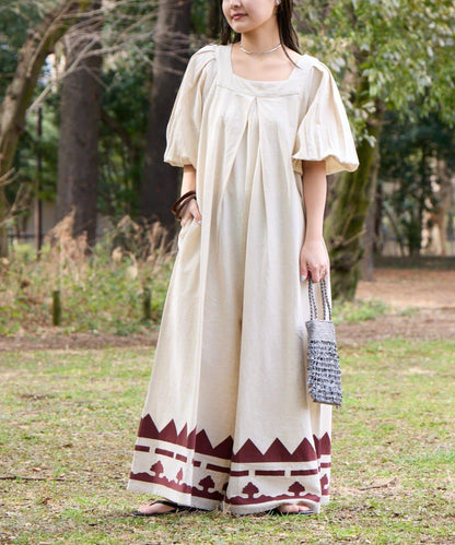 Aguni 綿麻裾刺繡揹帶褲