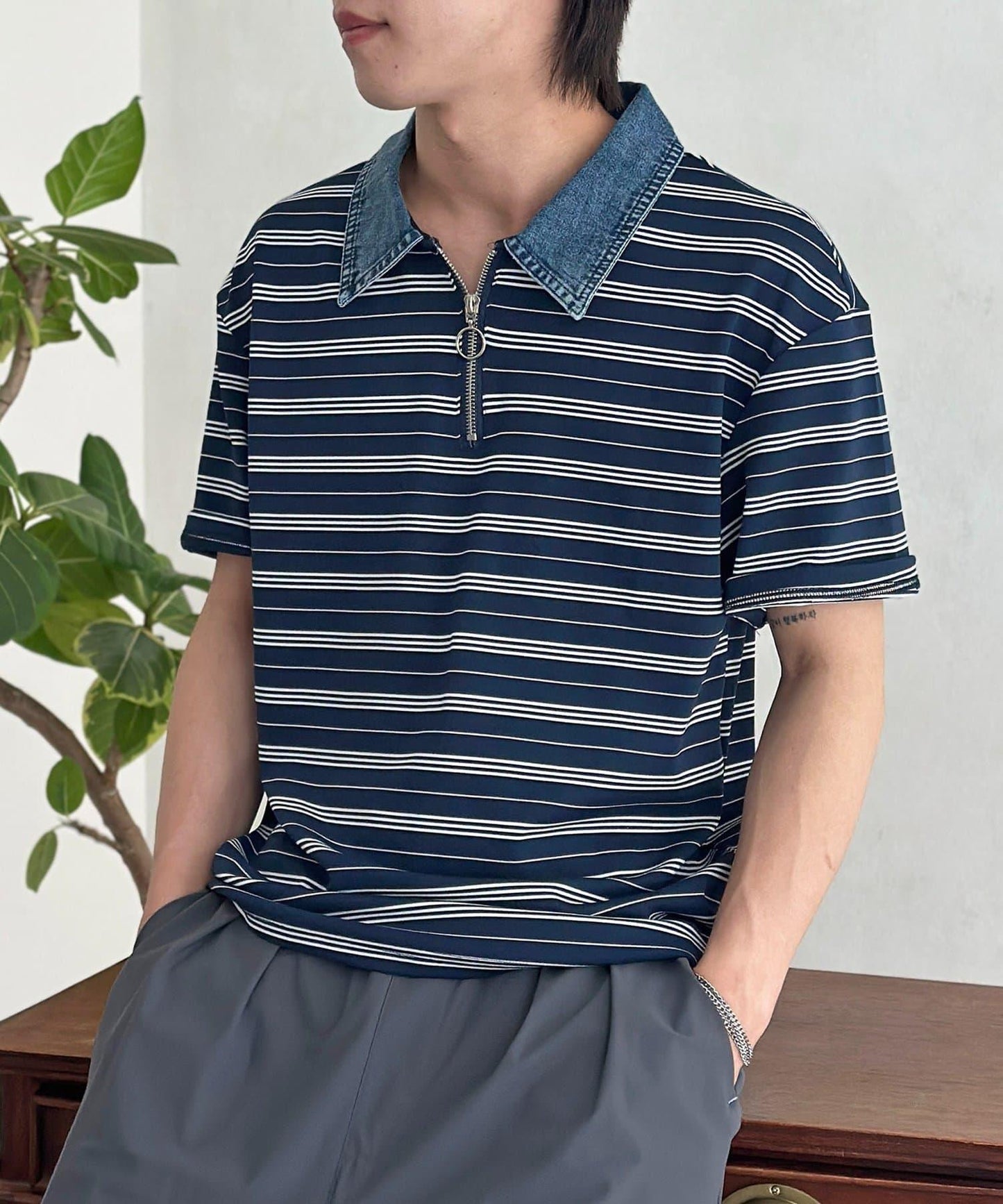 牛仔翻領 半袖 半拉鍊 上衣