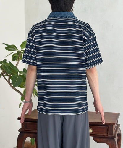 牛仔翻領 半袖 半拉鍊 上衣