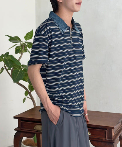 牛仔翻領 半袖 半拉鍊 上衣
