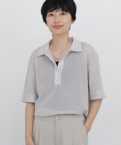 葉子格紋蕾絲 Polo領T恤
