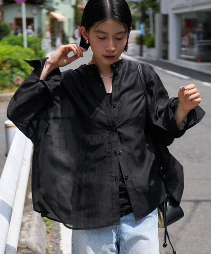 立領透紗襯衫