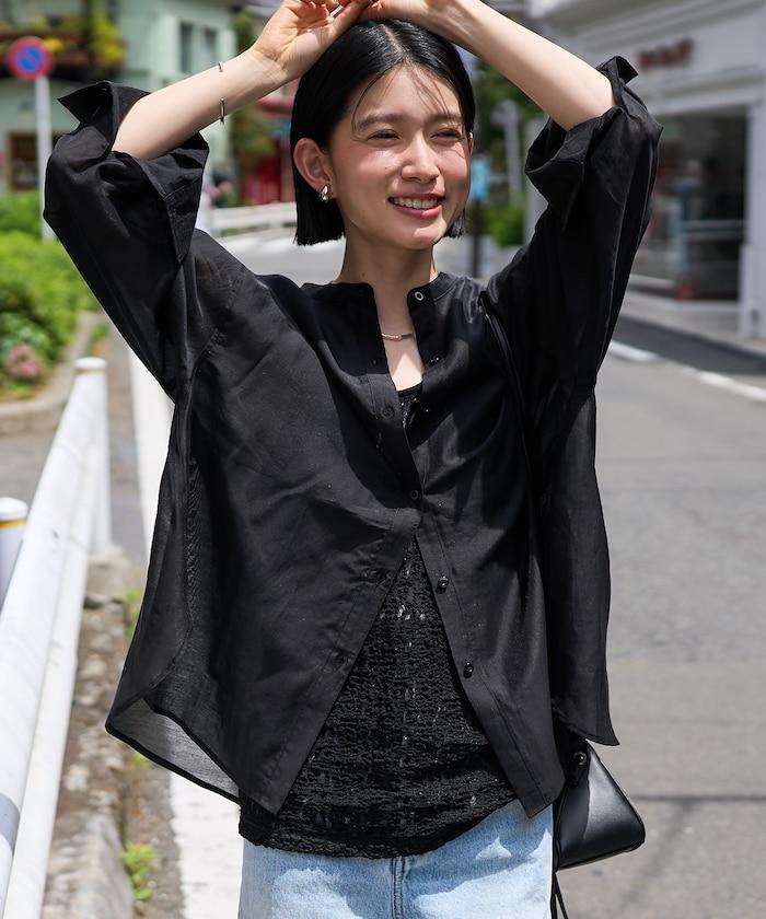 立領透紗襯衫