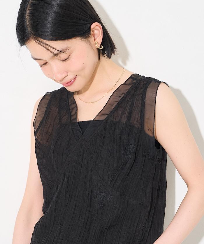 透紗刺繡 無袖款 結合帶胸墊設計 上衣＋吊帶衫套裝