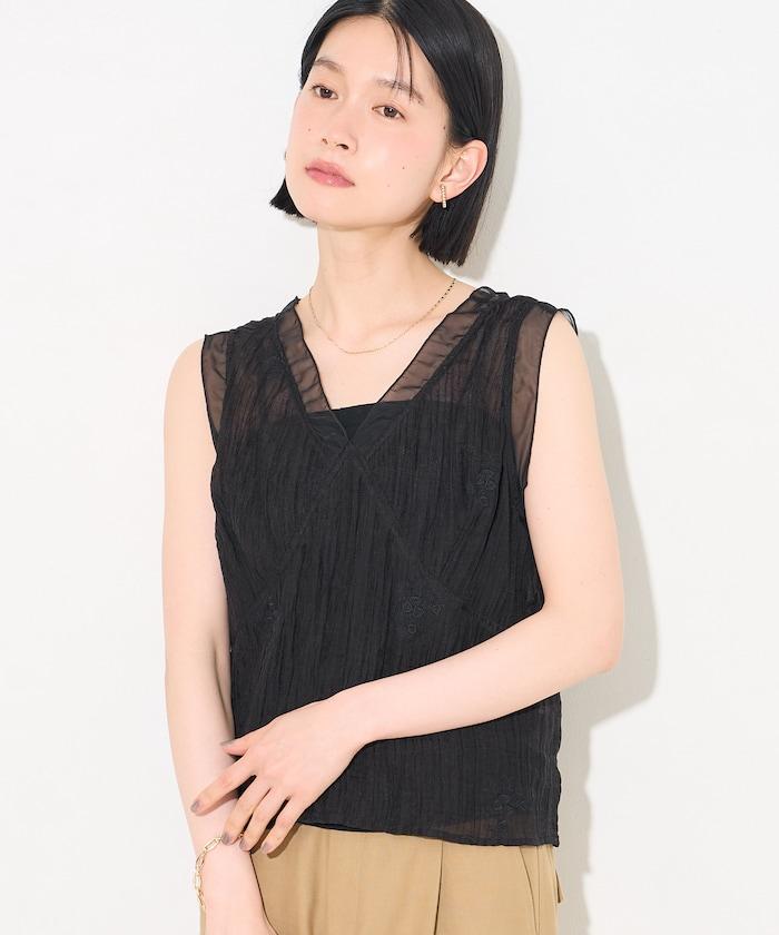 透紗刺繡 無袖款 結合帶胸墊設計 上衣＋吊帶衫套裝
