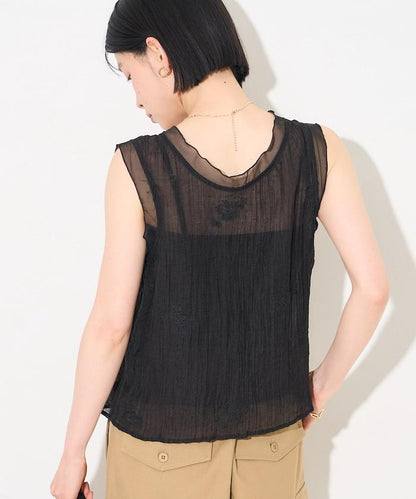 透紗刺繡 無袖款 結合帶胸墊設計 上衣＋吊帶衫套裝