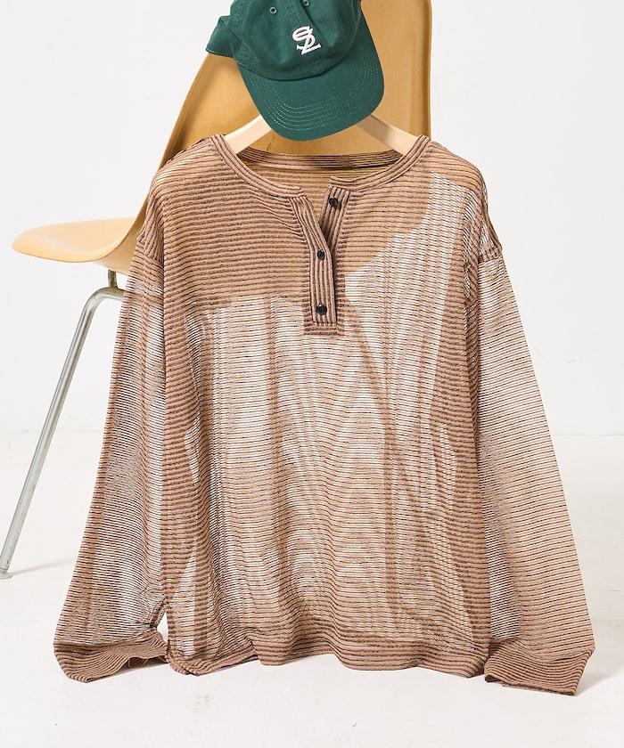 亨利領透膚條紋套頭上衣