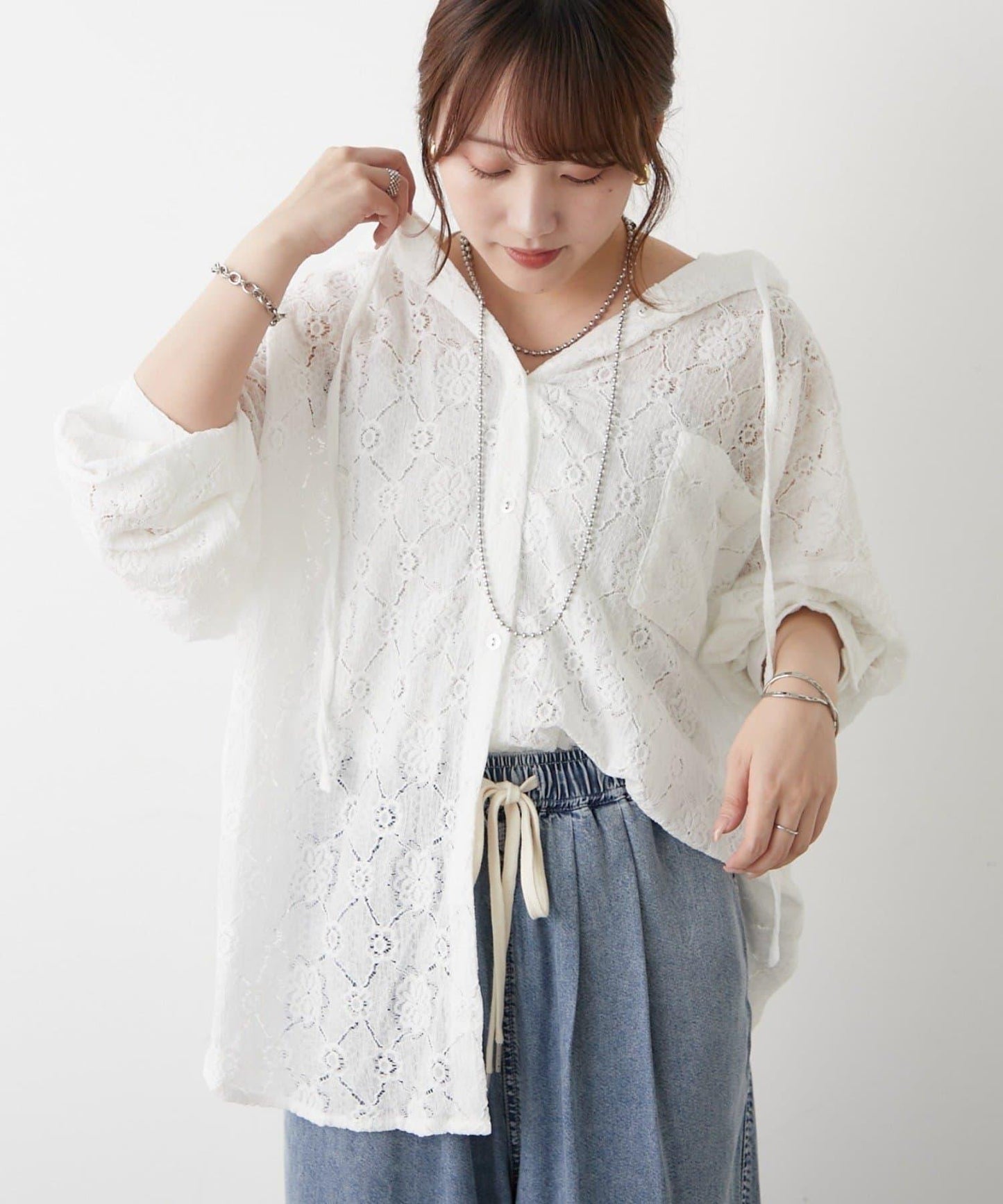 成熟女風 連帽蕾絲 襯衫