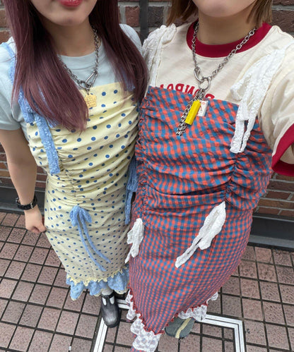 多款圖案蕾絲蝴蝶結抽褶吊帶連衣裙